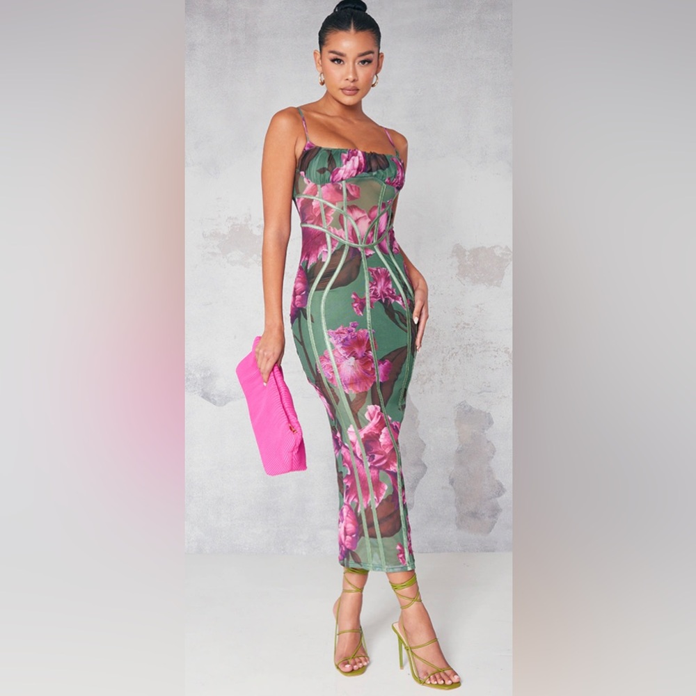 Green Floral Print Mesh Binding Detail Midaxi Dress